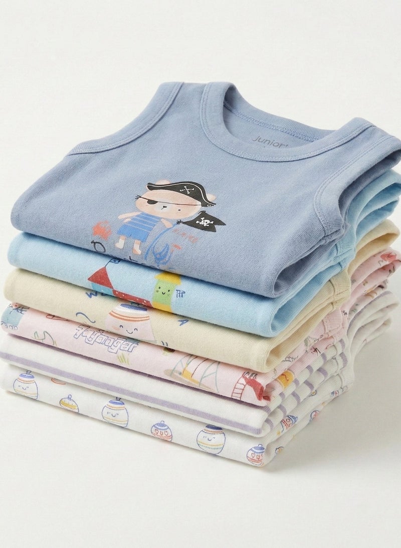 Junior Sleeveless Bodysuits 6-Pack, Pirate & Playground Prints, Striped & Solid Colors, 100% Cotton - Baby Boy - Image 3